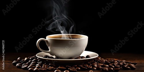 White Coffee Cup on Black Table with Coffee Beans. Closeup Background with Copy Space