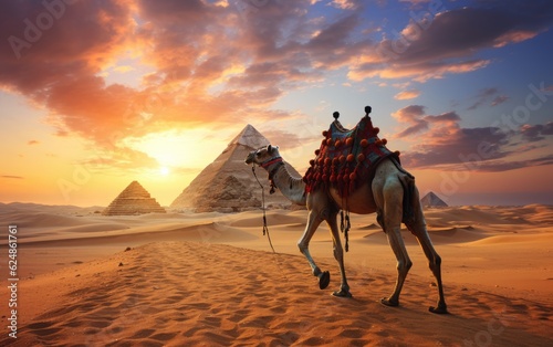 Camels in the desert with pyramids at sunset.