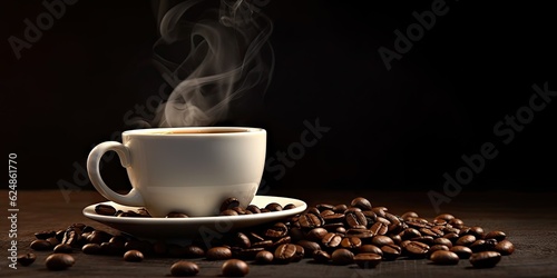 White Coffee Cup on Black Table with Coffee Beans. Closeup Background with Copy Space