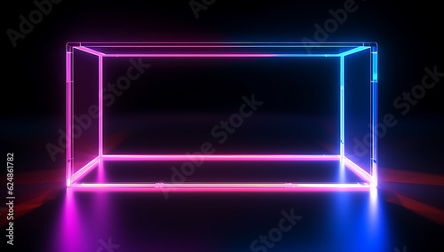 Square shape rectangle neon empty glowing lines frame with two tone neon color motion graphic and neon shining effects on dark background. Generative AI.