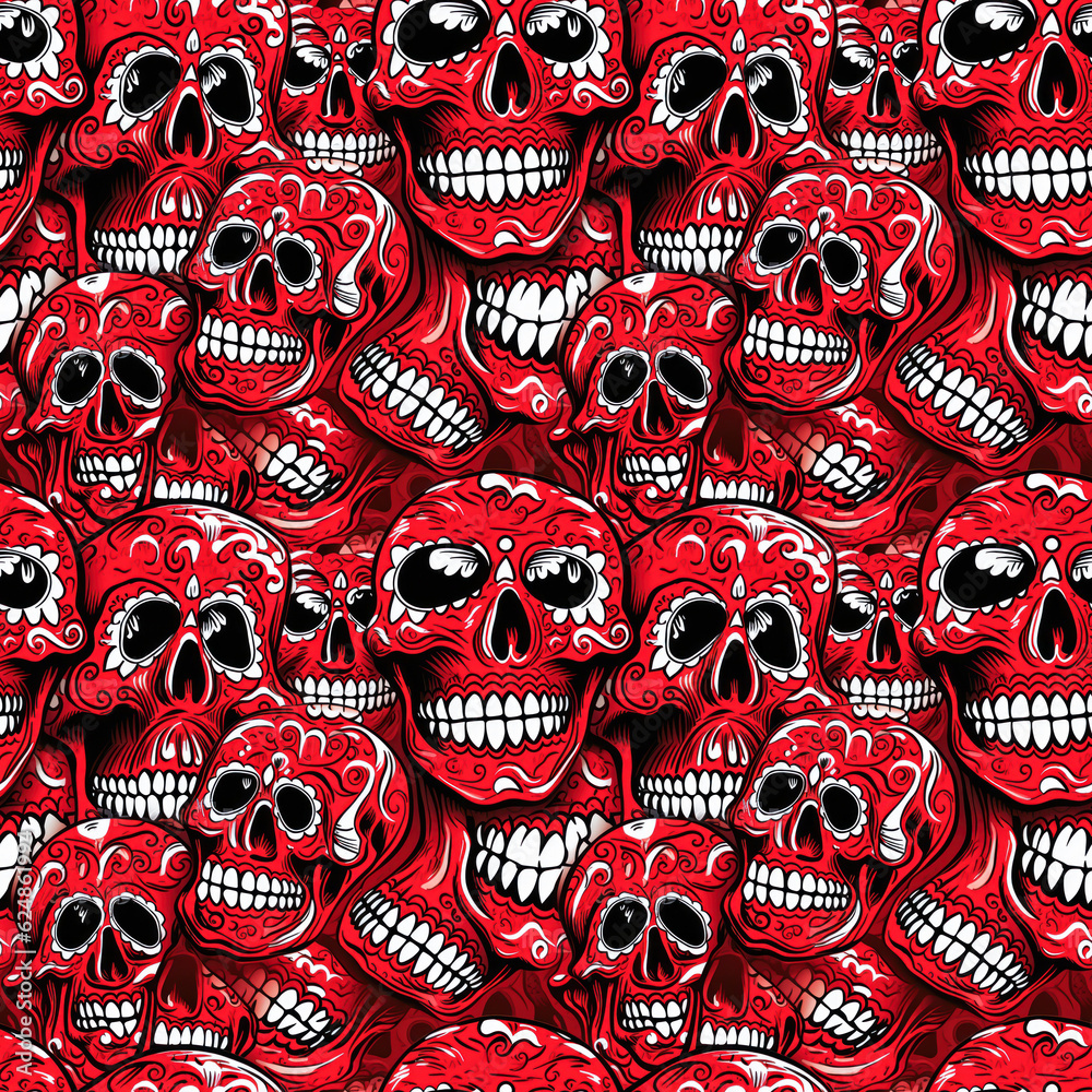 Red skulls seamless texture, tiling pattern, Day of the Dead, Halloween