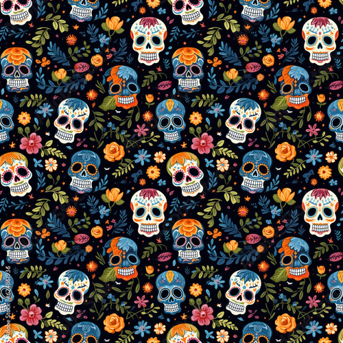 Day of the Dead seamless texture, tiling pattern, sugar skulls on black background © Sunshower Shots