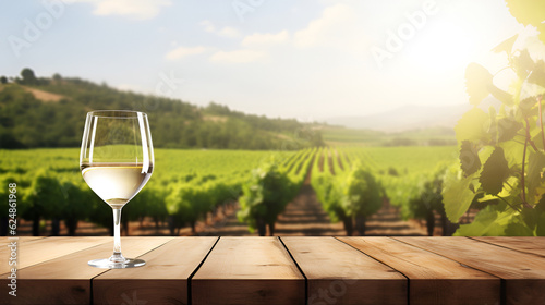 Empty wooden board with a glass of wine on blurred vineyard background with copy space. environmentally friendly winemaking. Free space for products and advertising