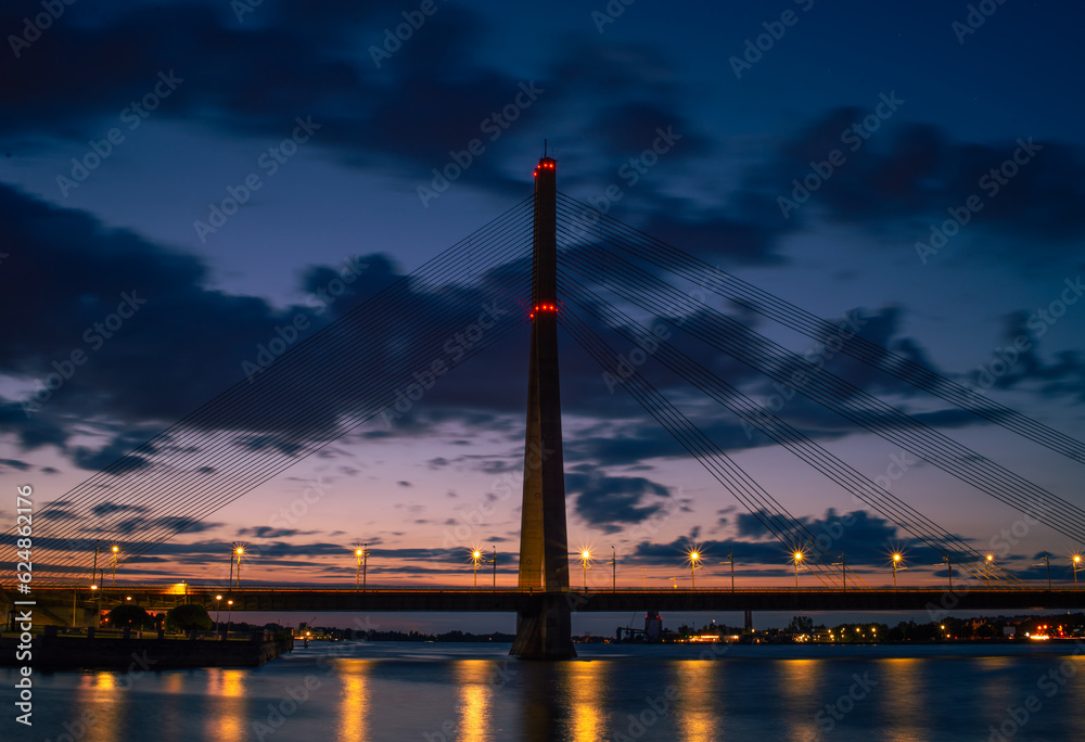 Fototapeta premium Cable-stayed bridge in Riga, in the evening.