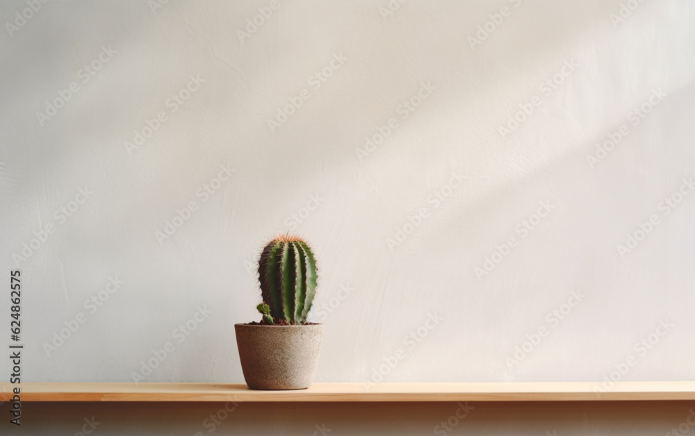 Cactus on a shelf by a blank wall background Cactus on a shelf by a blank wall background