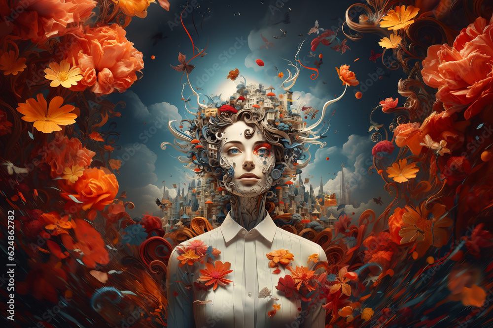 Obraz premium Woman with creative mind, exploding brain full of ideas and imagination, dreams and emotion, inner world and spirituality, generative AI