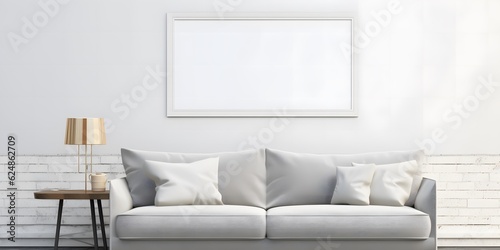 Blank horizontal poster frame mock up in minimal white style living room interior, modern living room interior background