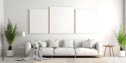 Blank horizontal poster frame mock up in minimal white style living room interior  modern living room interior background
