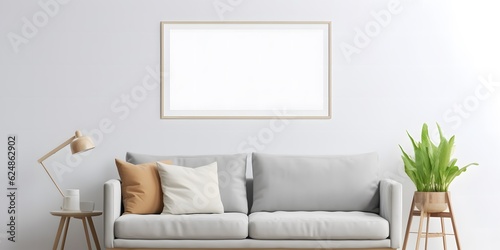 Blank horizontal poster frame mock up in minimal white style living room interior, modern living room interior background