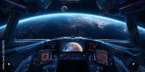 Cockpit of spaceship with moon and planets. Outerspace astronaut mothership. Planet horizon © Jing