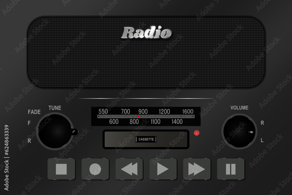 Obraz premium Front View of a Radio Cassette Speaker with multimedia buttons and volume knobs. AM FM Meter Vector Illustration. EPS 10.