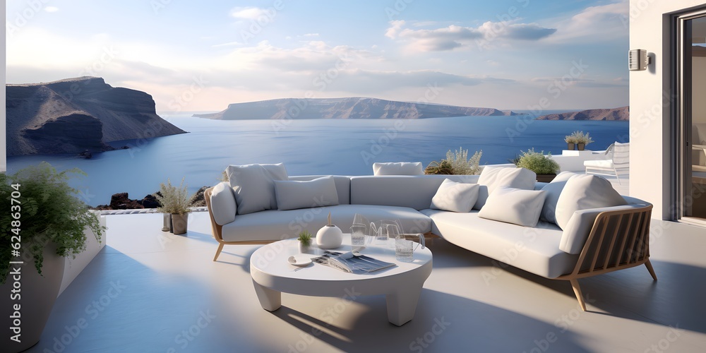 Fototapeta premium Luxury apartment terrace Santorini Interior of modern living room sofa or couch with beautiful sea view