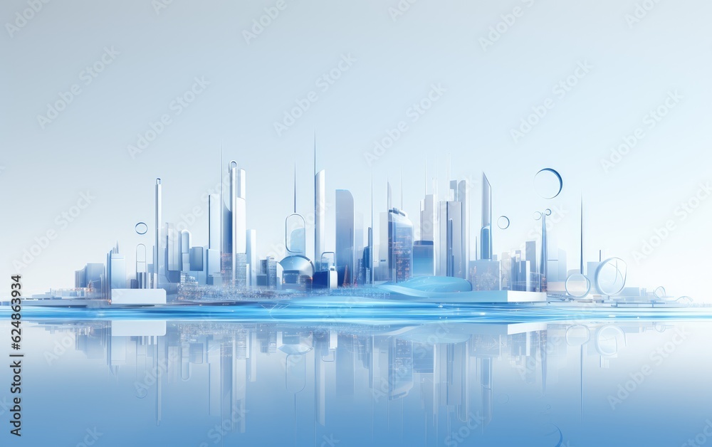 Obraz premium A blue futuristic modern technology city skyline with buildings.
