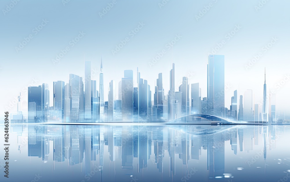 A blue futuristic modern technology city skyline with buildings.