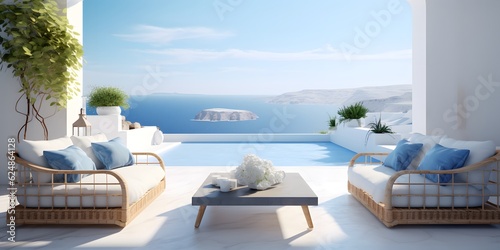 Luxury apartment terrace Santorini Interior of modern living room sofa or couch with beautiful sea view © Jing