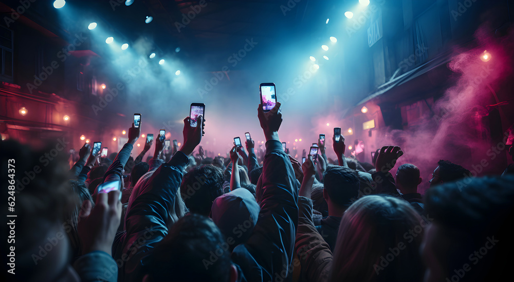 A person's hands holding a smartphone recording video during a concert or night filming in a club, people raising phones, close up to phones. Generative AI. A person's hands holding a smartphone recording video during a concert or night filming in a club, people raising phones, close up to phones. Generative AI.