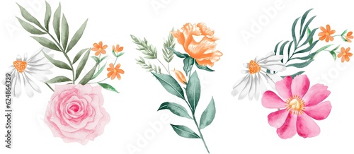 Watercolor Bouquet of flowers, isolated, white background, pink and yellow roses and green leaves