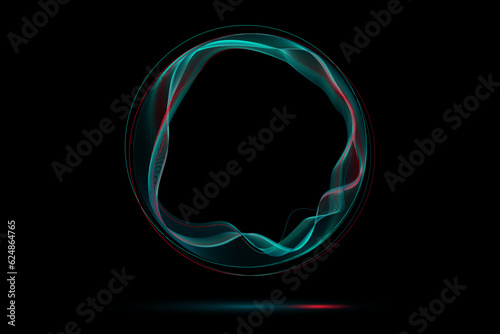 Round frame made of dynamic neon curved lines for technology concepts, user interface design, web design. Red and blue and dark blue lines. Black background. Vector illustration
