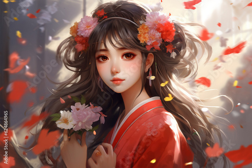 a girl in a kimono with flowers on her head anime style