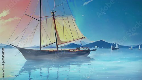 Sailing ship on the sea when the sky shows the aurora anime japanese watercolor illustration style  photo