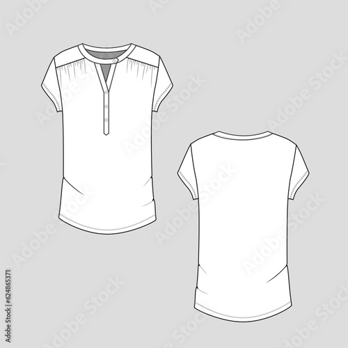 Women t shirt Henley neck button placket shoulder gathering short sleeve tee mock up blouse top flat sketch technical drawing template design vector-01