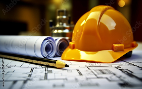 Construction plans with white helmet and drawing tools on bluepr