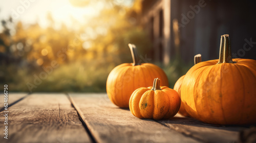 Pumpkins standing on the wooden floor or porch. Minimalistic autumn composition with blurred background. Thanksgiving decoration.