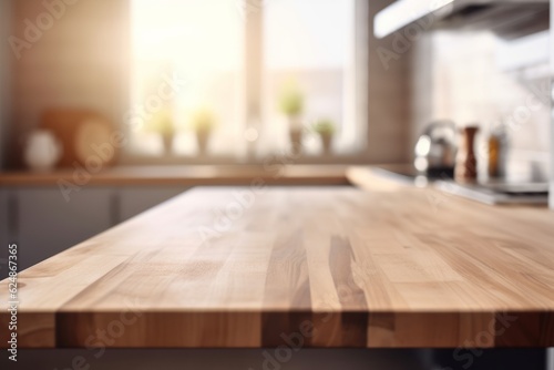 Empty wooden table and blurred kitchen background. Generative AI © KaterynaVS