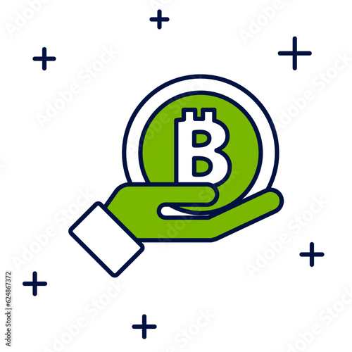 Filled outline Hand holding Bitcoin icon isolated on white background. Blockchain technology, digital money market, cryptocoin wallet. Vector