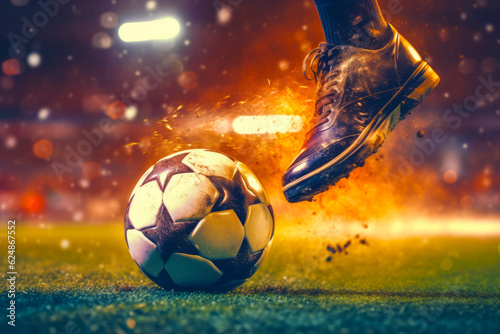 Man kicking soccer ball on top of soccer field at night. Generative AI. © valentyn640