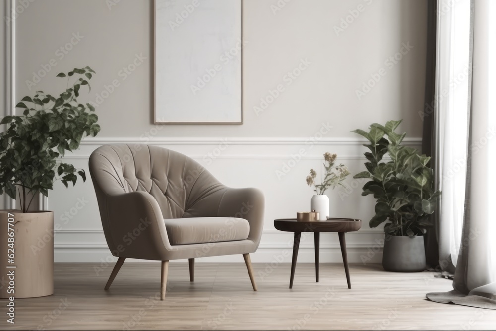 Fototapeta premium Modern interior design of living room with armchair, flowers, light empty mock-up wall and gray furniture, loft. Generative AI