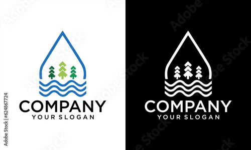 vector vintage landscape with mountain peaks and river water wave, pine tree forest logo design badge
