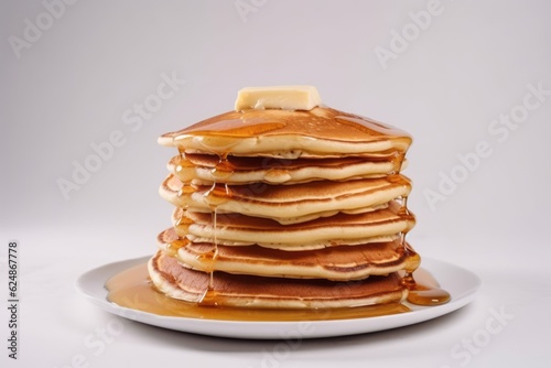 Stack of pancakes with syrup against the white background. Generative AI