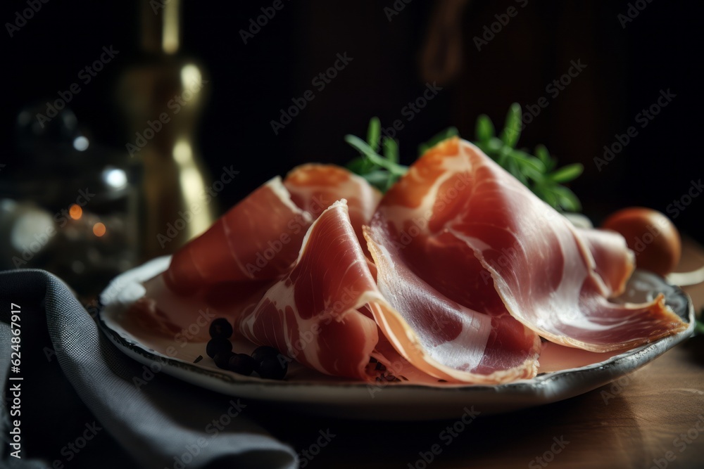 Prosciutto on a plate. Generative AI Prosciutto on a plate. Generative AI