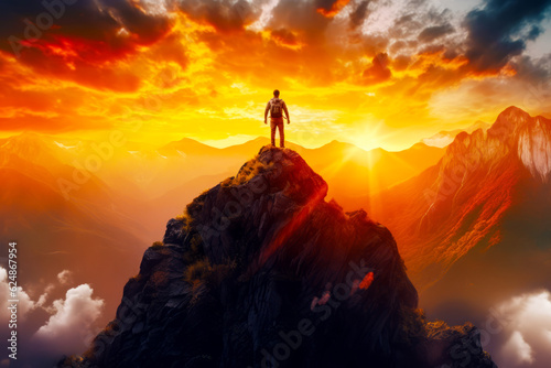 Man standing on top of mountain with sunset in the background. Generative AI.