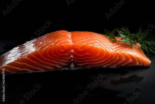 Raw salmon fish fillet on black background. Generative AI