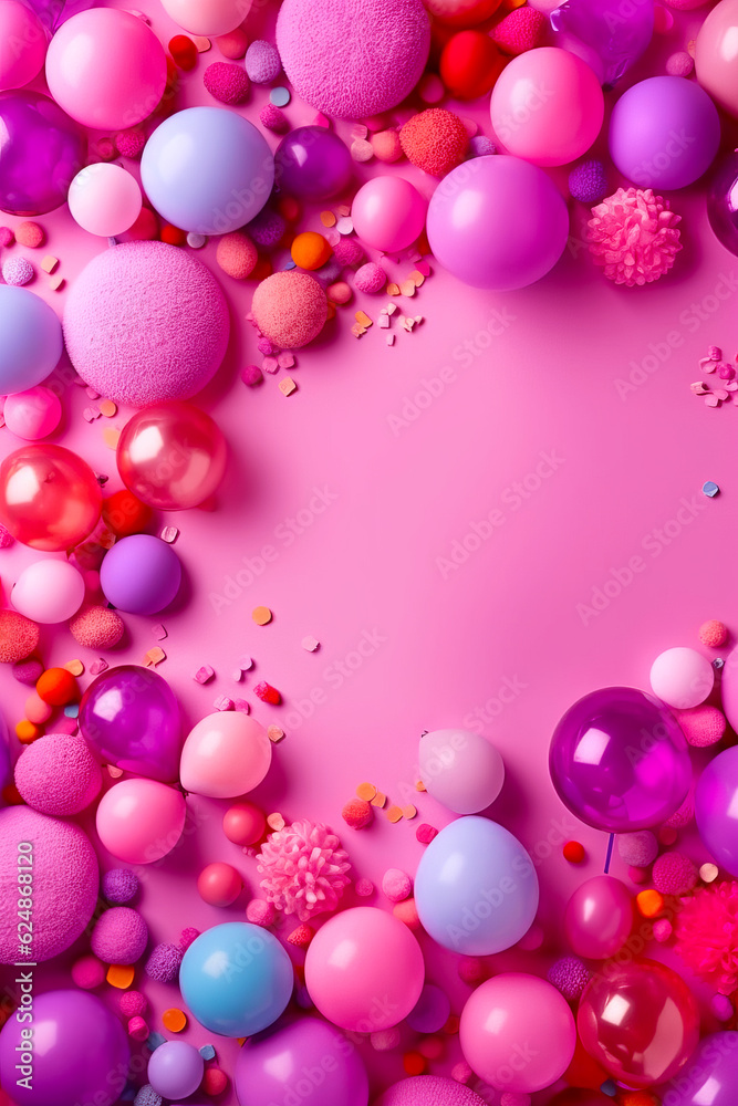 Bunch of balloons and confetti on pink background with space for text. Generative AI.