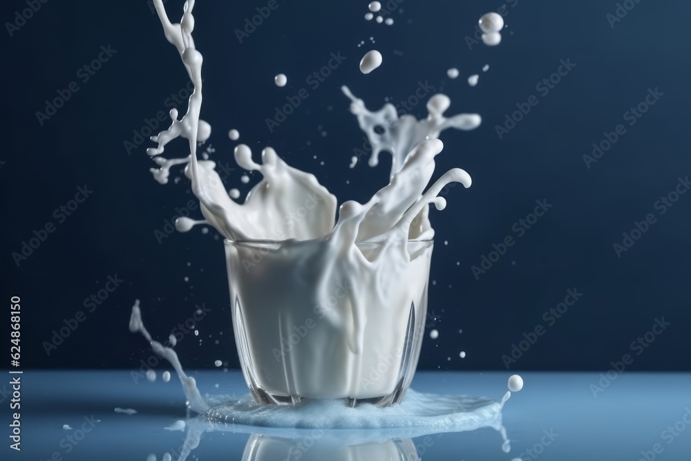 Splash of milk in a glass on blue background. Generative AI