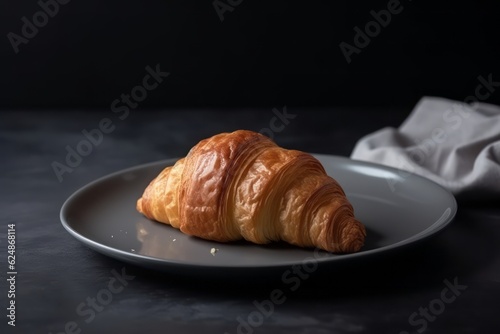 Ruddy croissant on a white plate on a gray background. Generative AI
