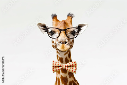 Giraffe wearing glasses and bow tie with white background. Generative AI.