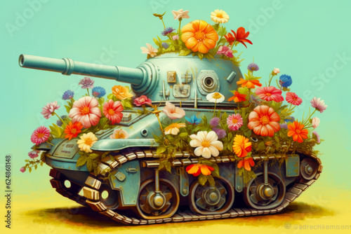 Image of tank with flowers growing out of the top of it. Generative AI.