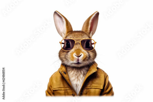 Rabbit wearing glasses and leather jacket with hood on it's head. Generative AI. © valentyn640