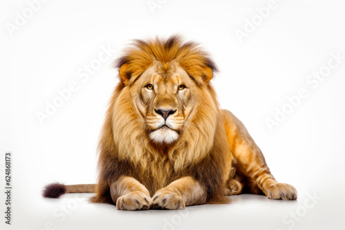 Close up of lion laying down on white surface with white background. Generative AI. © valentyn640