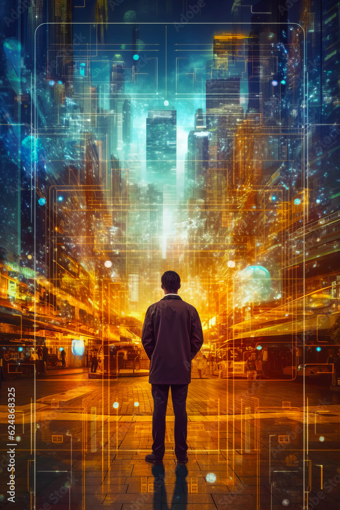 Man standing on city street looking at digital cityscape. Generative AI.