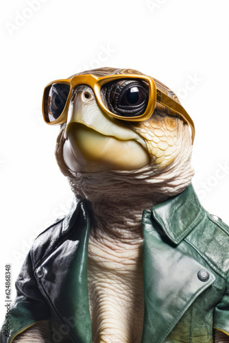 Close up of turtle wearing leather jacket and yellow goggles. Generative AI.