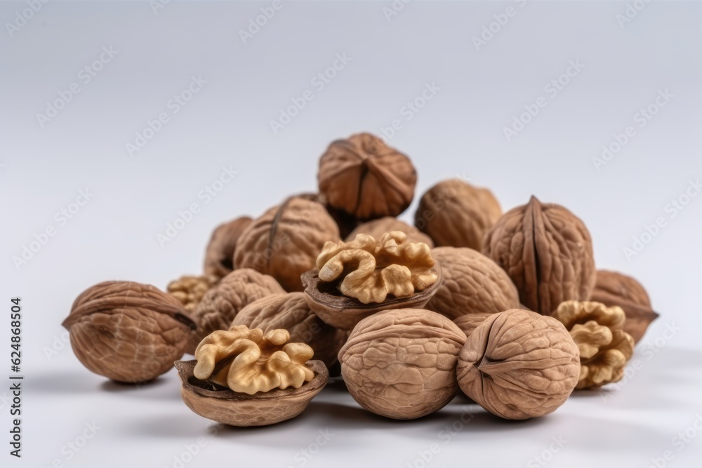 Walnuts on a white background. Generative AI Walnuts on a white background. Generative AI