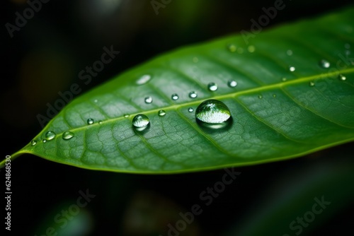 Water drops on green leaf. Generative AI