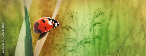 illustrazione con immagine ravvicinata di insetto coccinella su un filo d'erba, sfondo verde sfuocato, Generative Ai