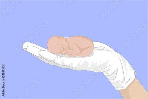 Newborn baby. Baby on a hand. Hand is in a medical glove. Artificial insemination.  Extracorporeal fertilization. Pregnancy planning. In vitro fertilisation. IVF. Vector illustration 