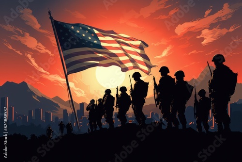 A Group Of Soldiers Standing Next To An American Flag. Service Sacrifice, Patriotism, Respect For The Flag, Unifying National Symbol, Strength In Brotherhood, Honoring American Values. Generative AI